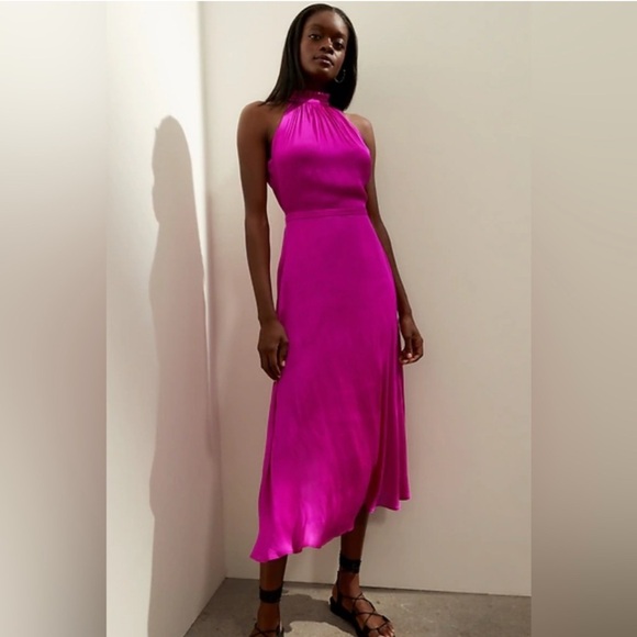 strapless open back dress Banana Republic Women's Pink Halter Maxi Dress V-Neck Tie Neck Pleated